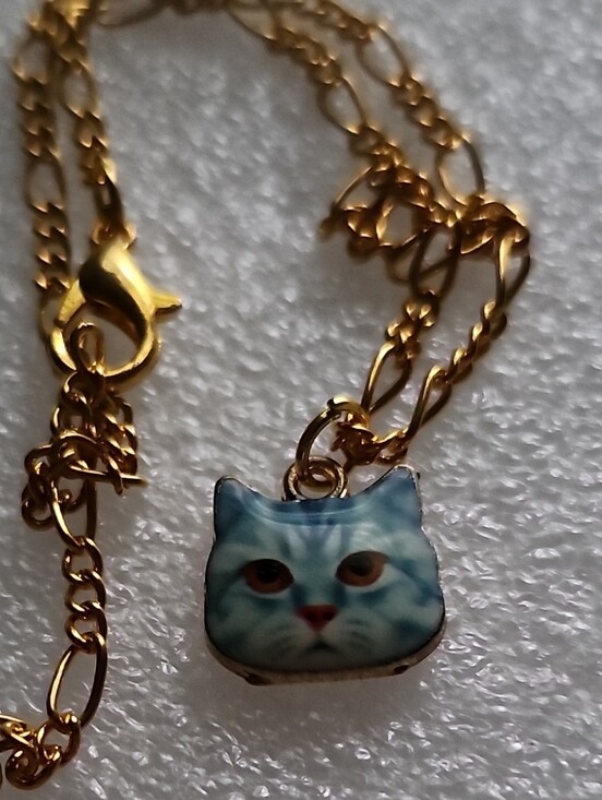 Hand Crafted Jewelry - Hand Crafted Gold Chain Bracelet with Blue Cat Face Charm Pendant